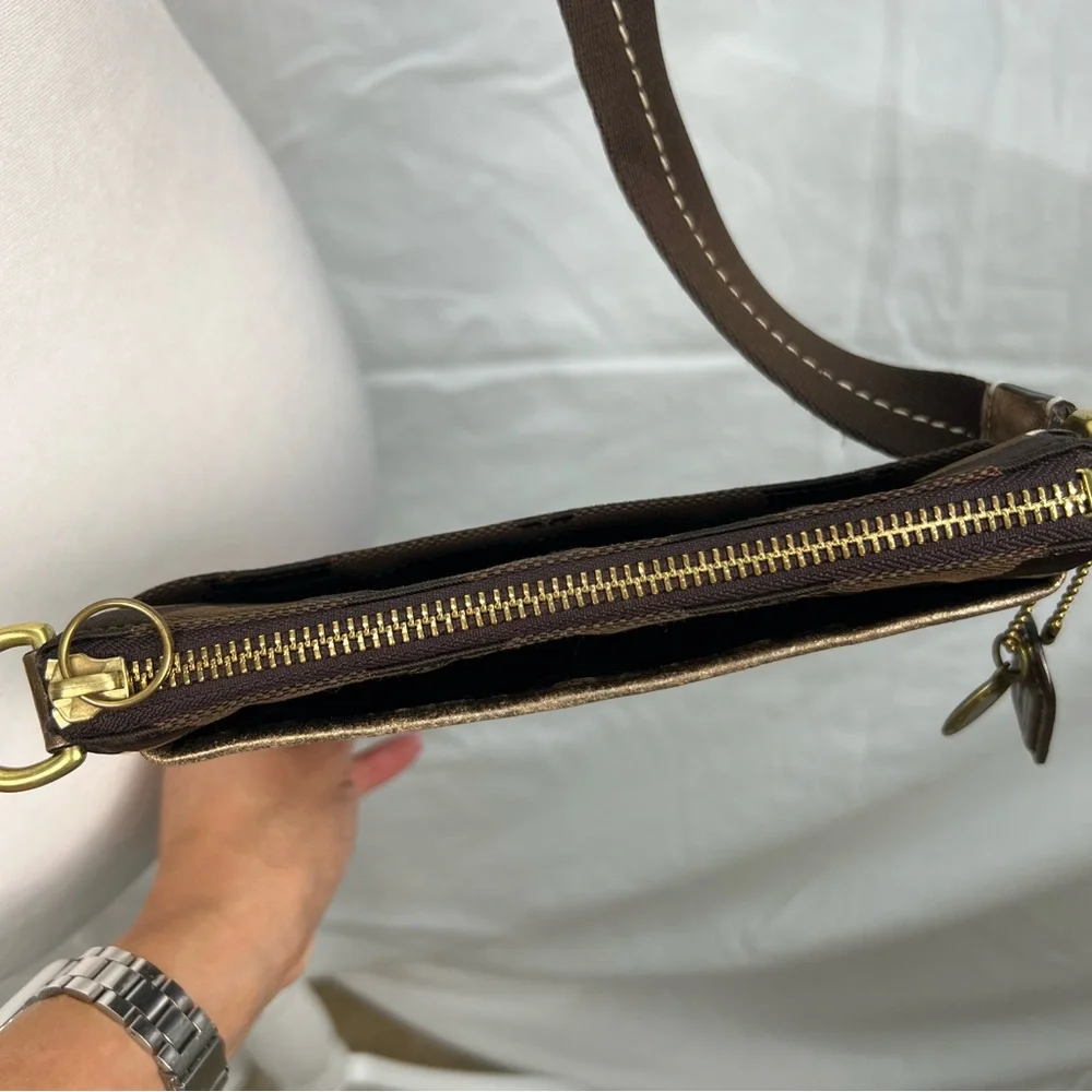 Coach chocolate brown and bronze crossbody with adjustable strap. - Picture 9 of 10
